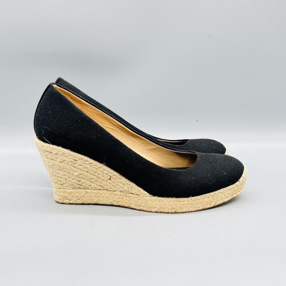 J Crew Shoes Womens 7.5 Black Cotton Espadrille Wedge Heels Round Toe Slip On